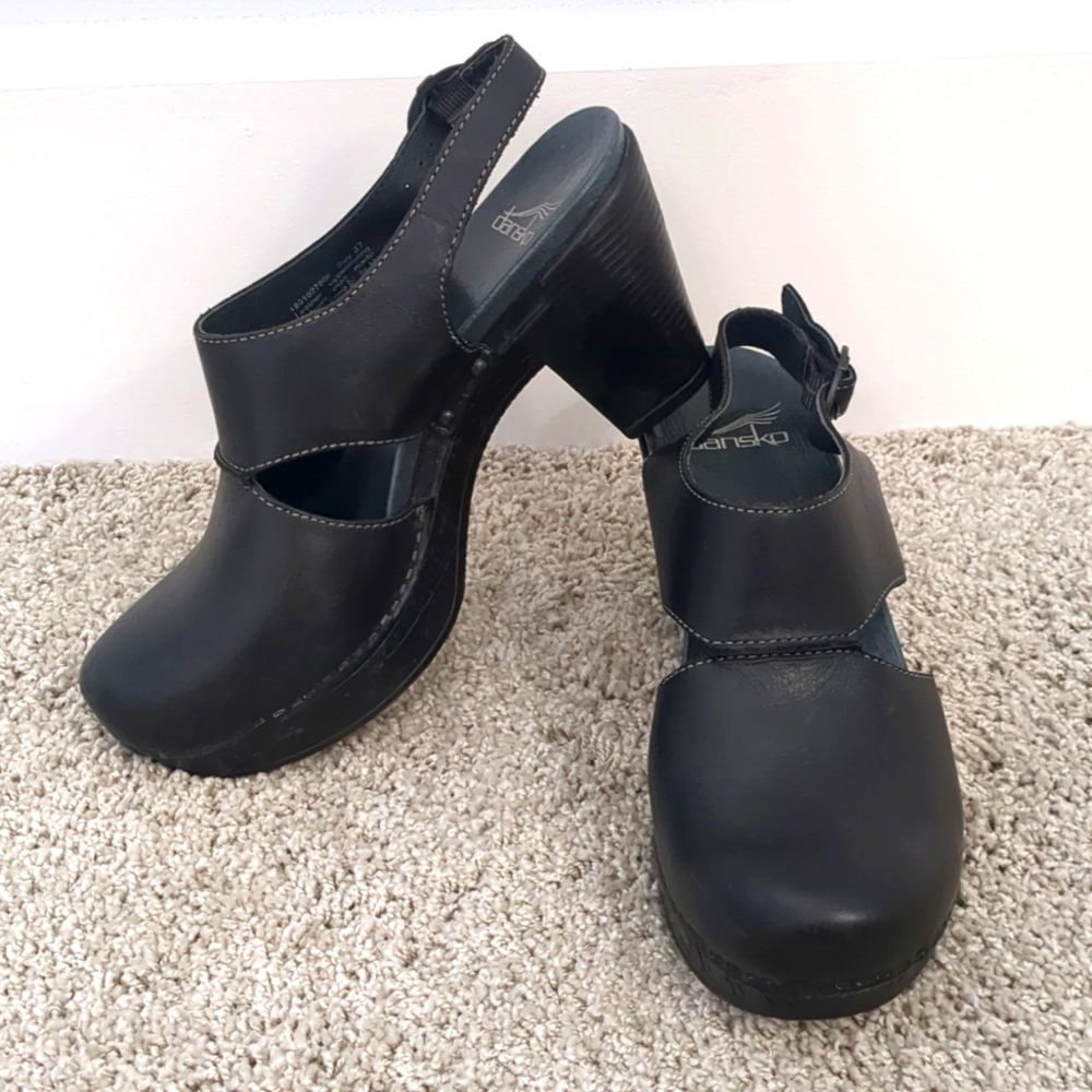 Dansko Black Leather Clog Heels